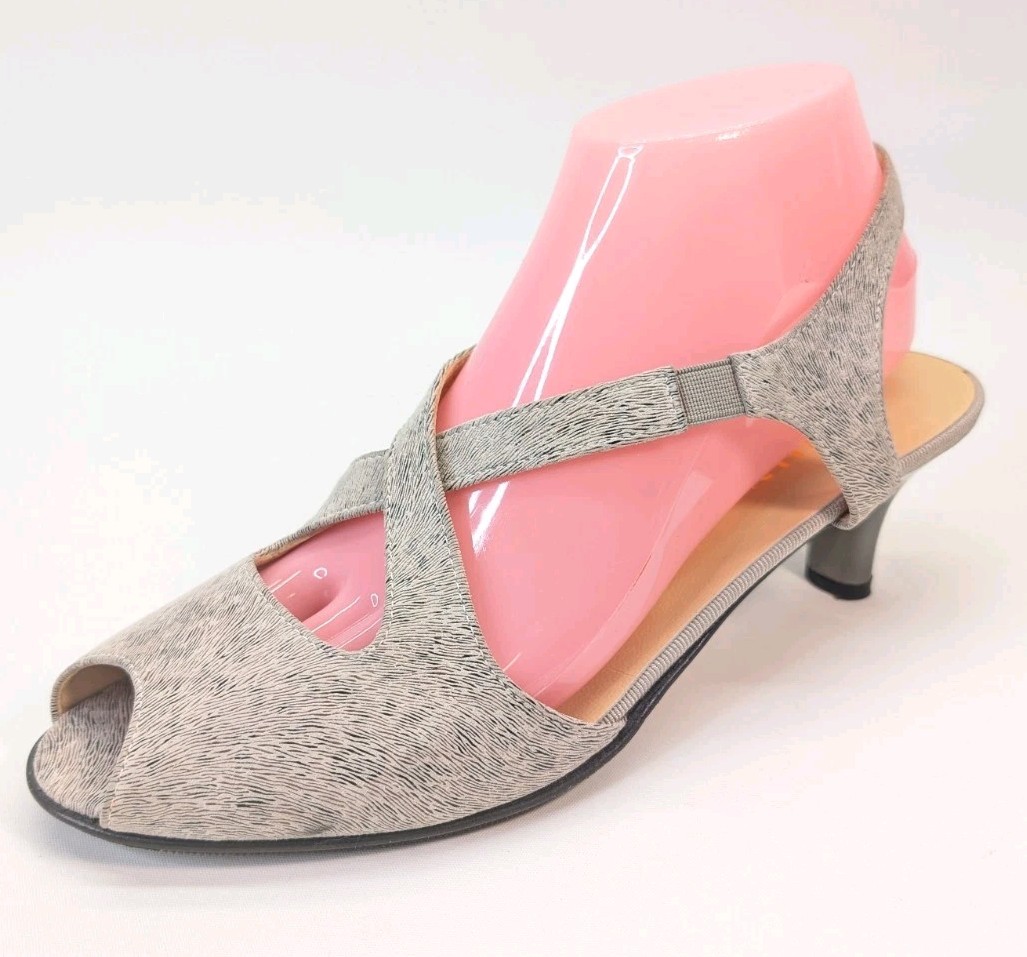 Brunate Italian Peep Toe Slingback Kitten Heel Sandals Gray Textured Leather 39