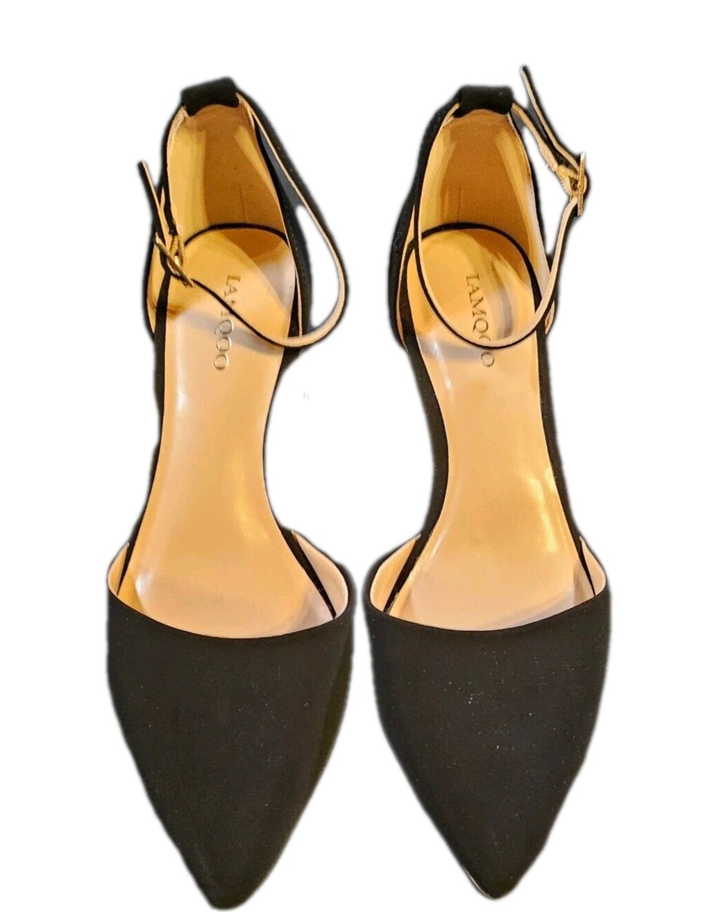 Womens SZ 8.5 black Velvet Chunky Pointed Toe Gold Accents Party/Cocktail,Career