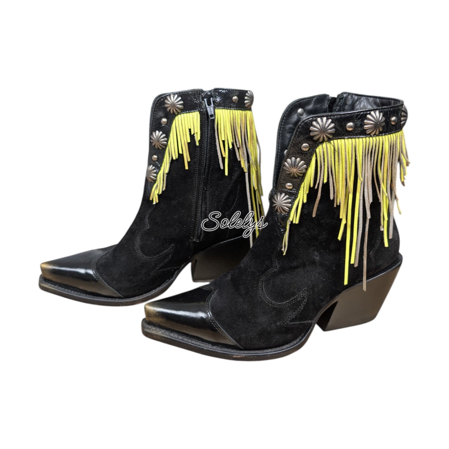 Mezcalero Eilen Green Handmade Fringe Black Suede Pointed Toe Western Bootie 8