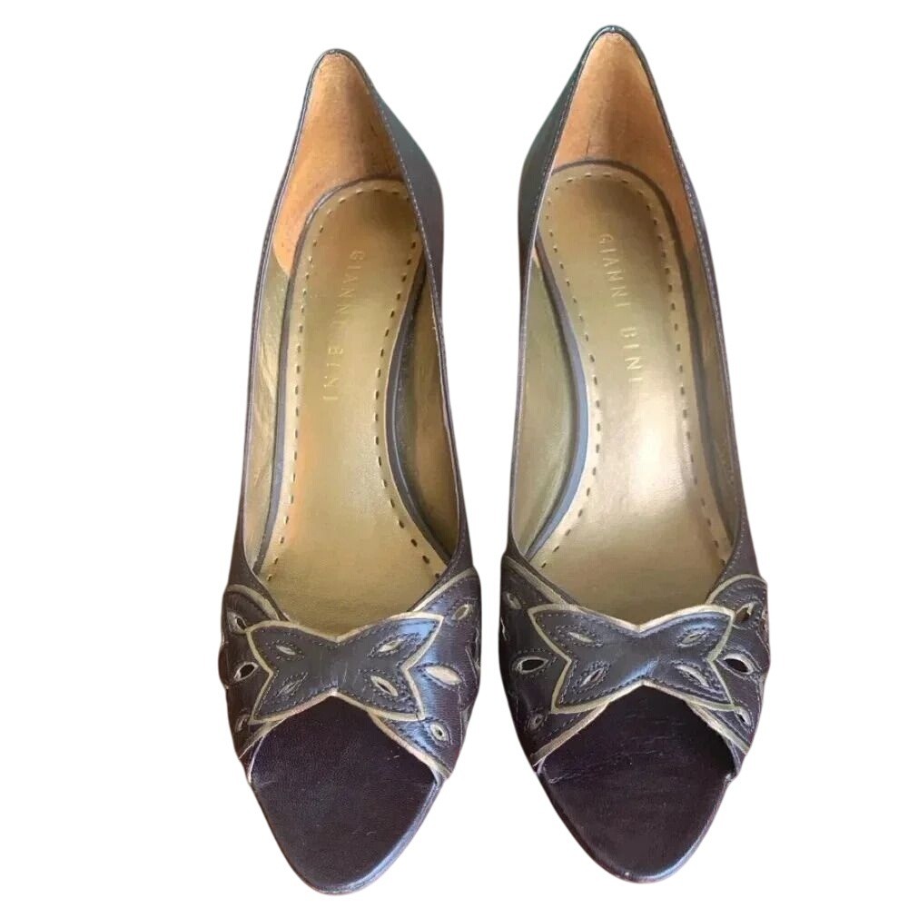 Gianni Bini Brown Leather Peep Toe Heels Cutout Detail Designer Shoes Size 9.5