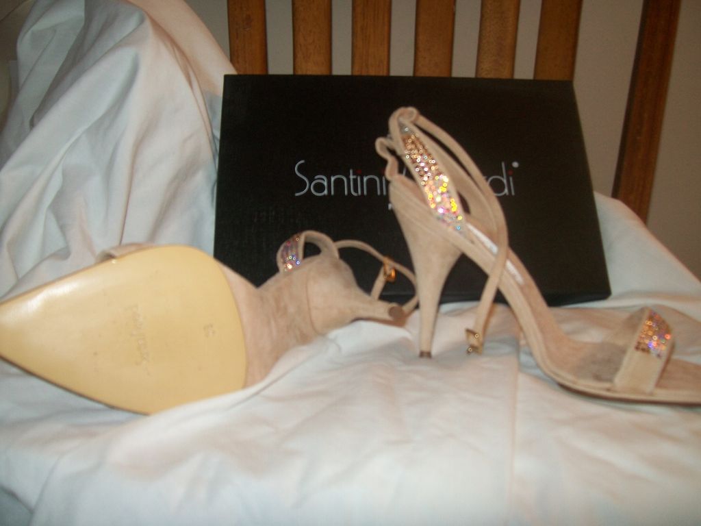 NIB Santini Mavardi Miami Nude Suede Pumps Sandals Shoes Size 7 Heels Open Toe B