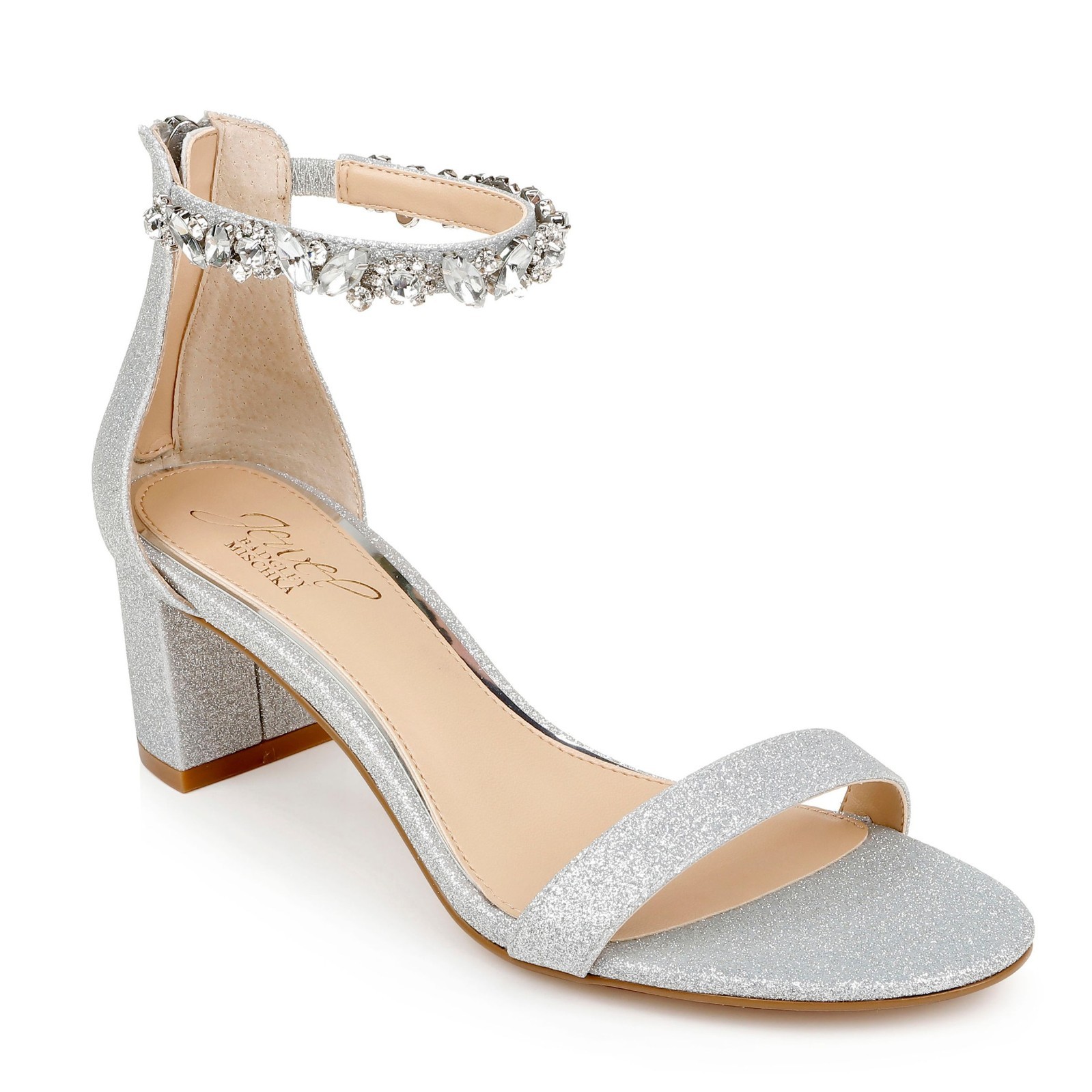 Jewel Badgley Mischka Catalina Ankle Strap Block Heel Sandals 8 Silver Glitter