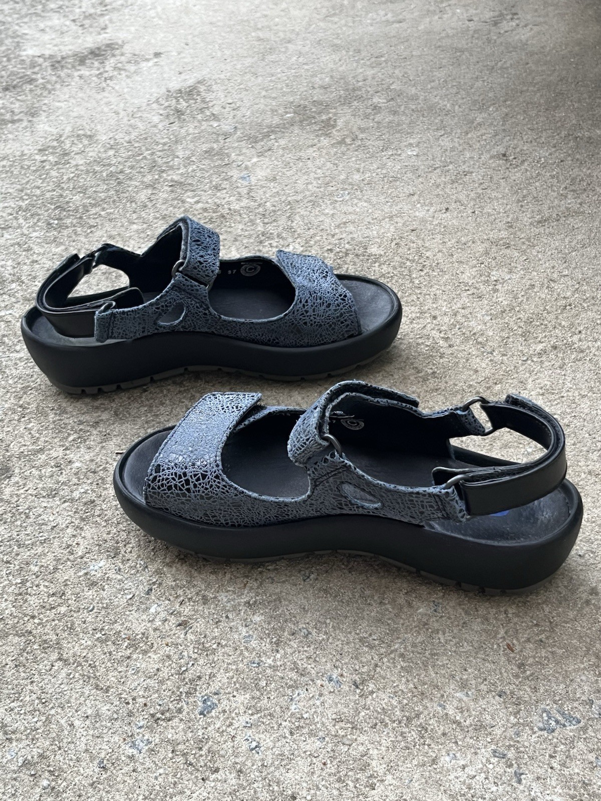 Wolky Rio Denim Blue Cracked Leather comfort low slingback wedge sandals 6 / 37