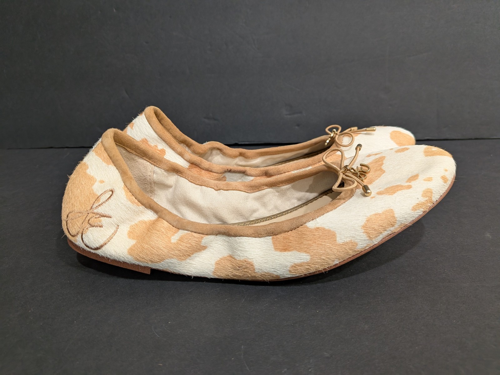 Sam Edelman NWT Felicia Cow Print Calf Hair Ballet Flats Ivory Tan Bow 8.5