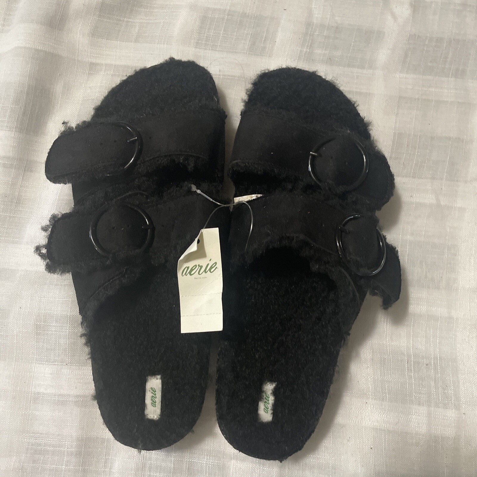 Aerie Faux Fur Double Strap Sandals Size 7 Black