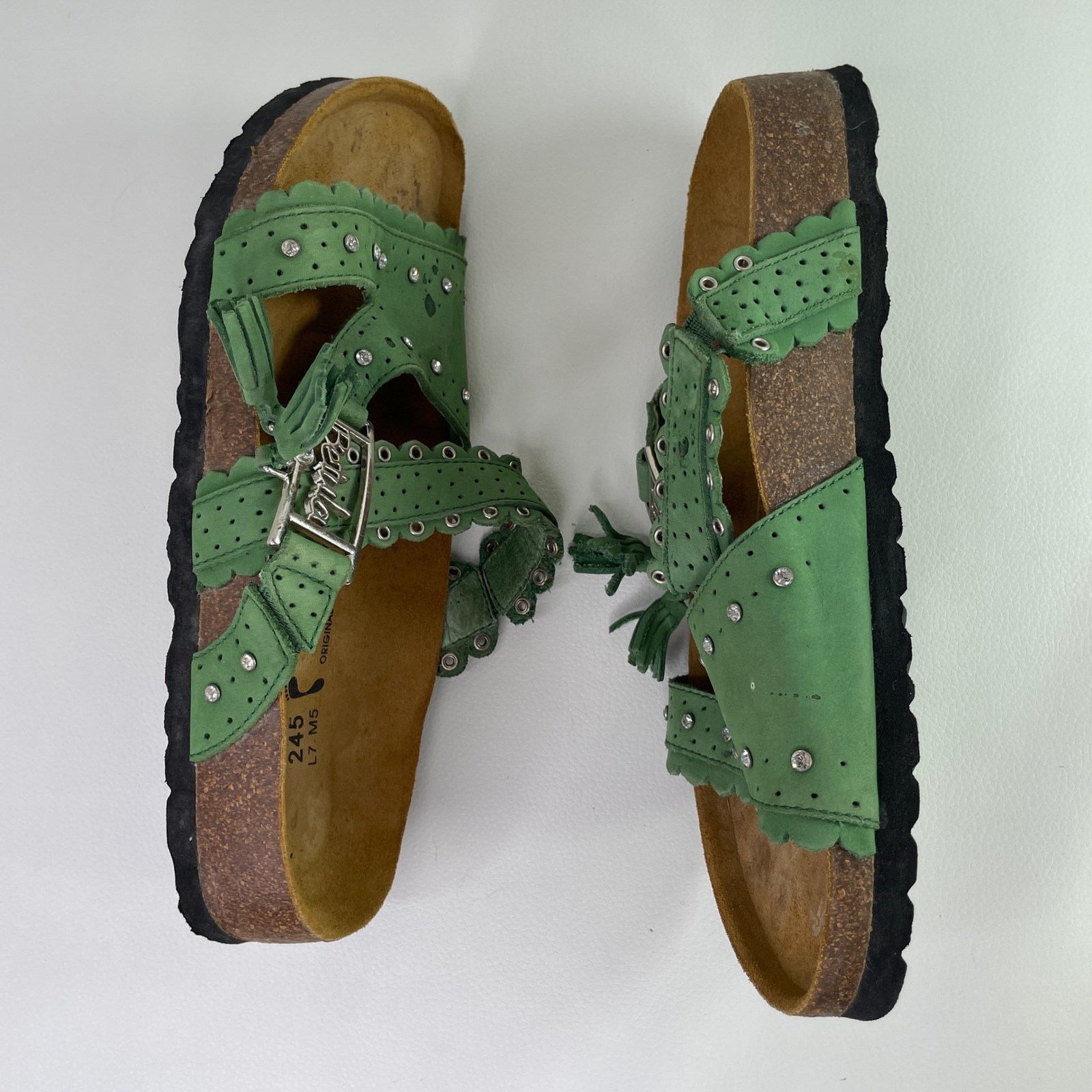 Original Birkenstock Betula Green Leather Rhinestone Tassel Sandals Women 38 L7