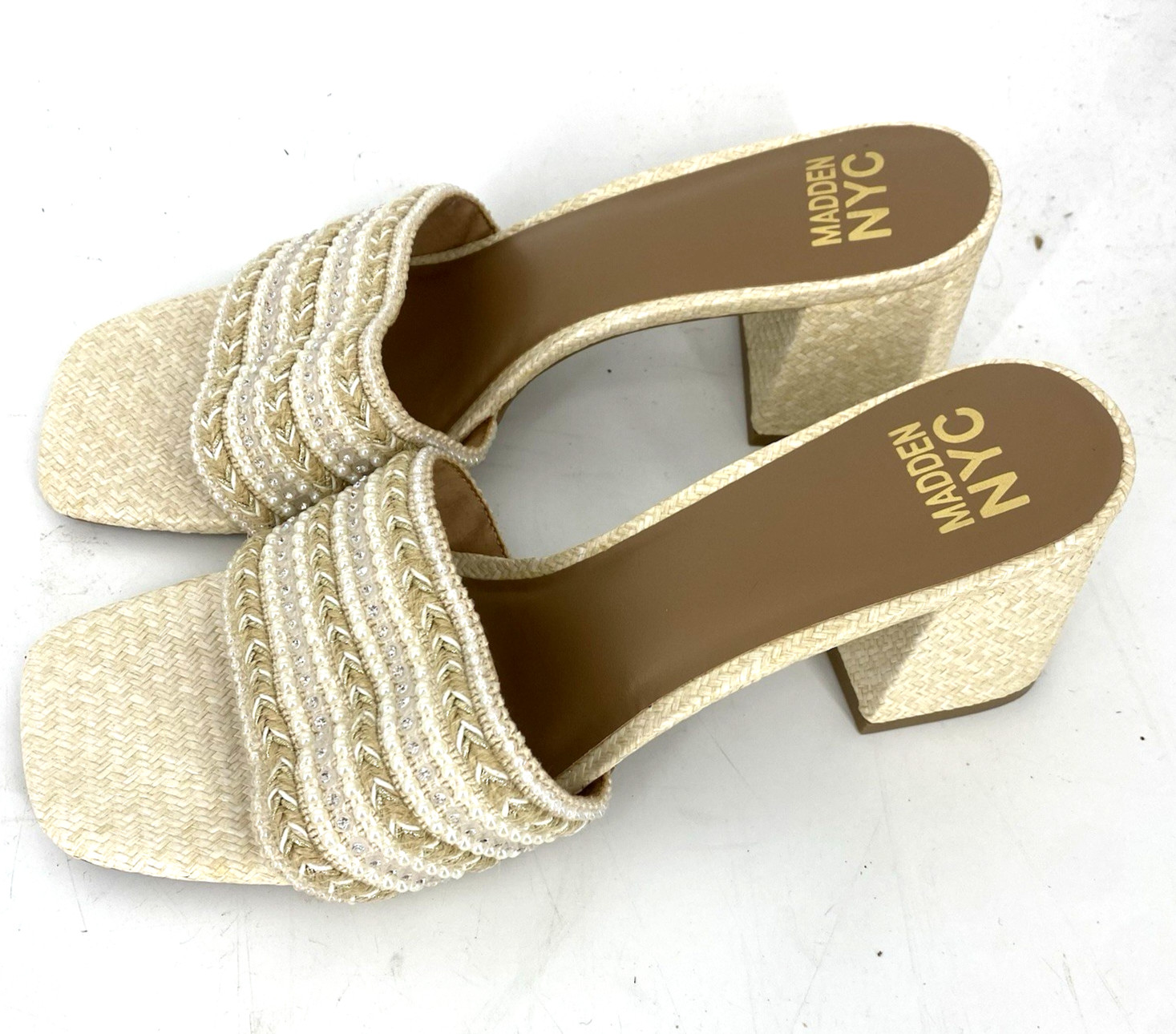 Madden NYC Tan Beaded Woven Block Heel Slides Size 11 NWOB Women’s Shoes