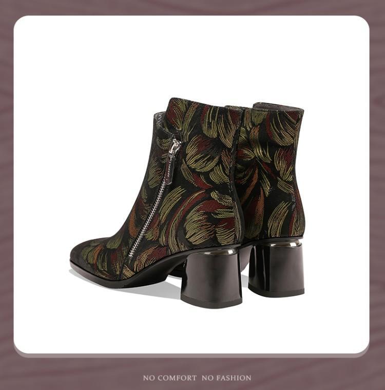 Women Fashion Elegant Formal Leather Printed Block Chunky Heel Date Ankle Boots
