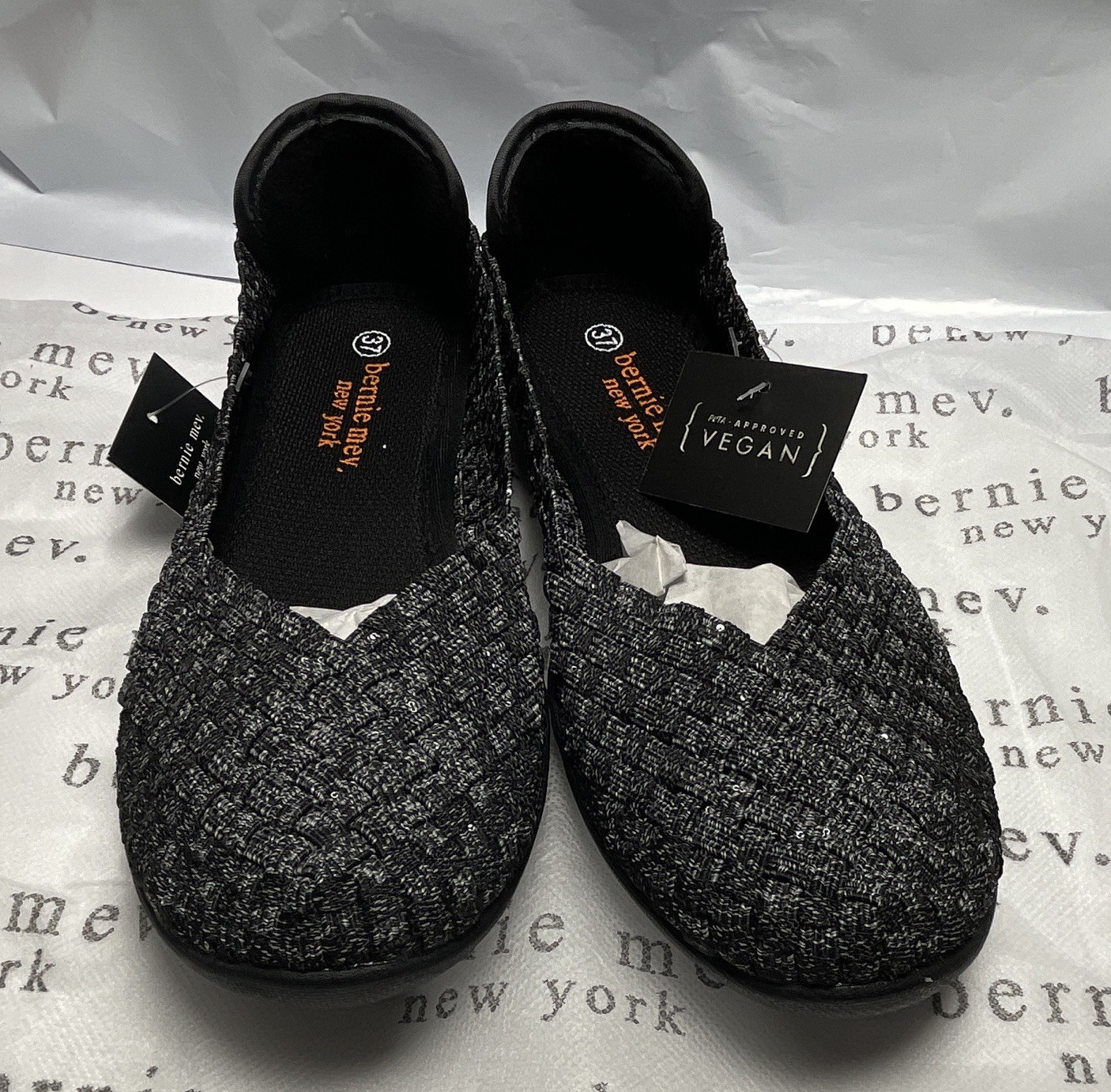 Bernie Mev Women’s Woven Slip-On Ballet Flats Black/Silver Round Toe EU 37 US 6