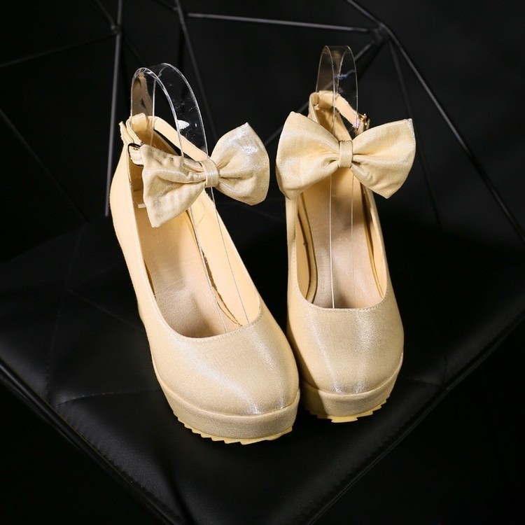 Women’s Round Toe Wedge Heeled Platform Wedding Shoes Bow Tied Shoes Pumps