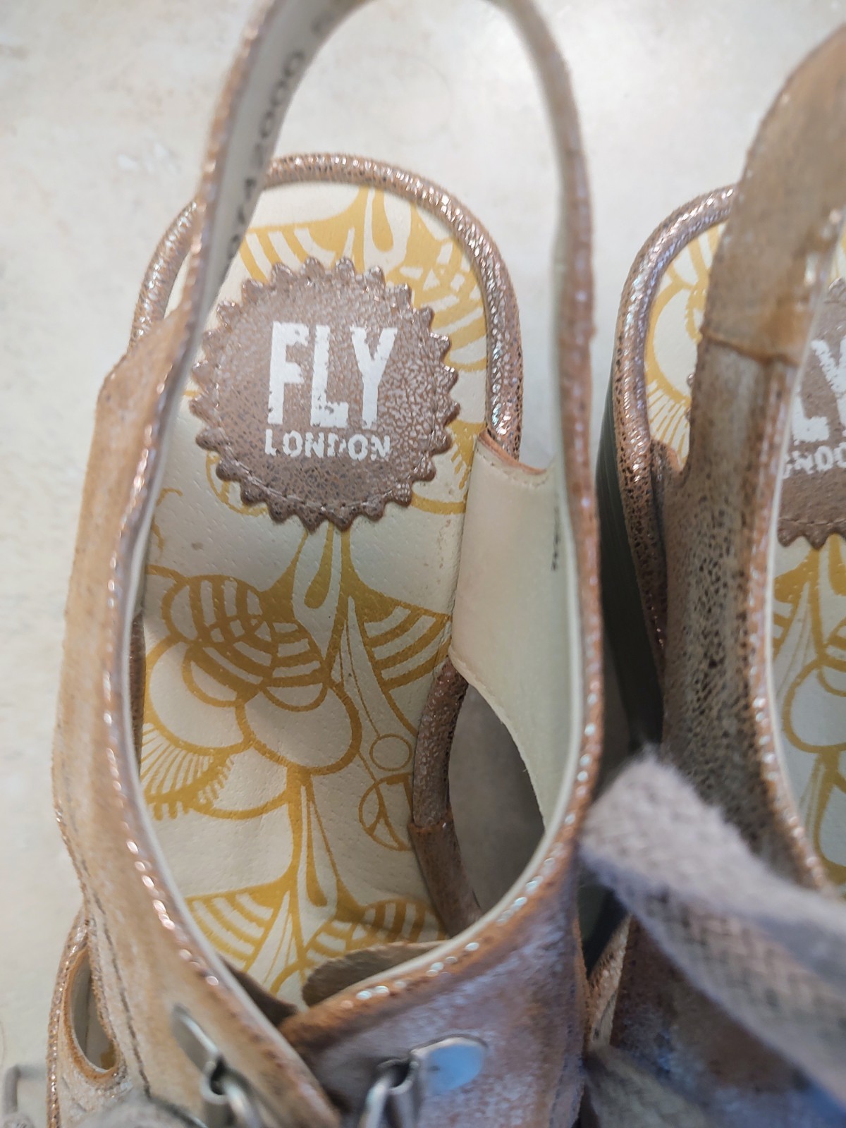 Fly London Platform Wedge Designer Leather Shoes Golden Metal Portugal