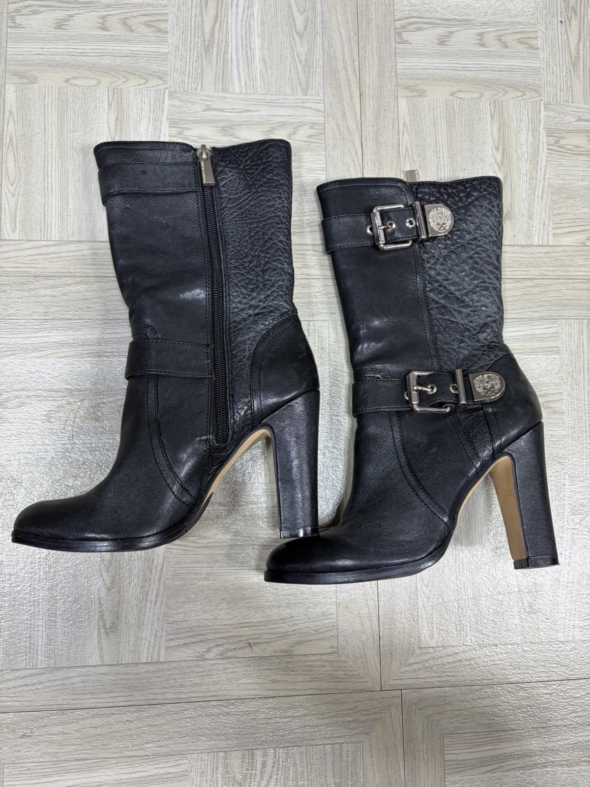 Vince Camuto Callison Buckle and Zipper Women 5.5 Black Leather Mid Calf Boots
