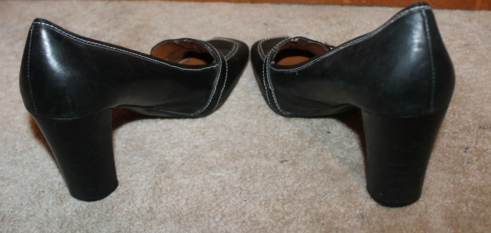 BANDOLINO Ladies’ Sz 8.5 HEELS/PUMPS (black matte leather; 3.25″ heel) EUC