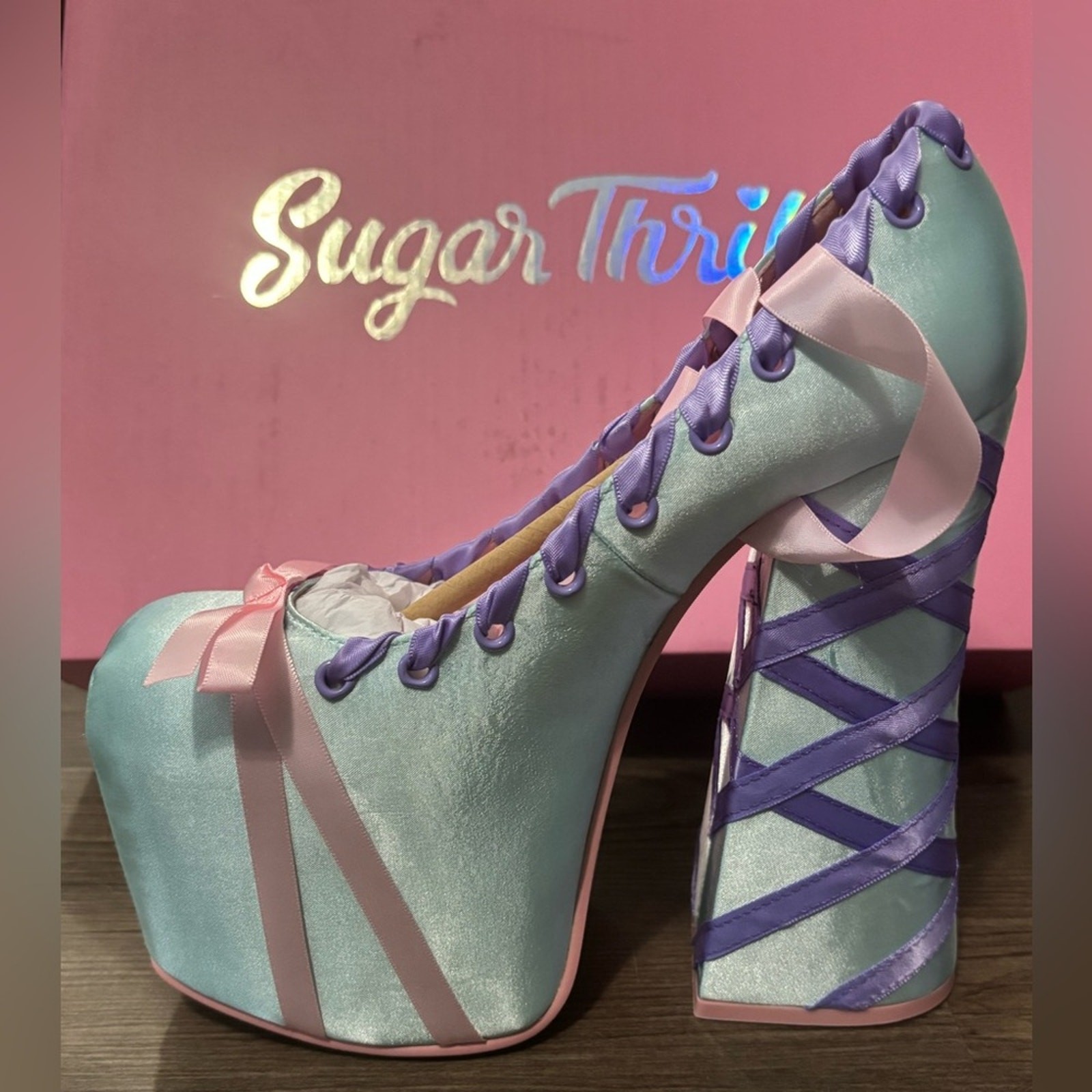NIB Dolls Kill / Sugar Thrillz Blue & Pink Sweet Sonata Ballet Wrap Heels Size 7