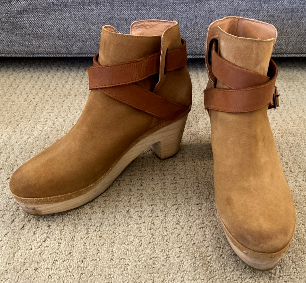 Free People Bungalow Cedar Suede Clog Ankle Boots Chunky Wood Heel 39 Boho
