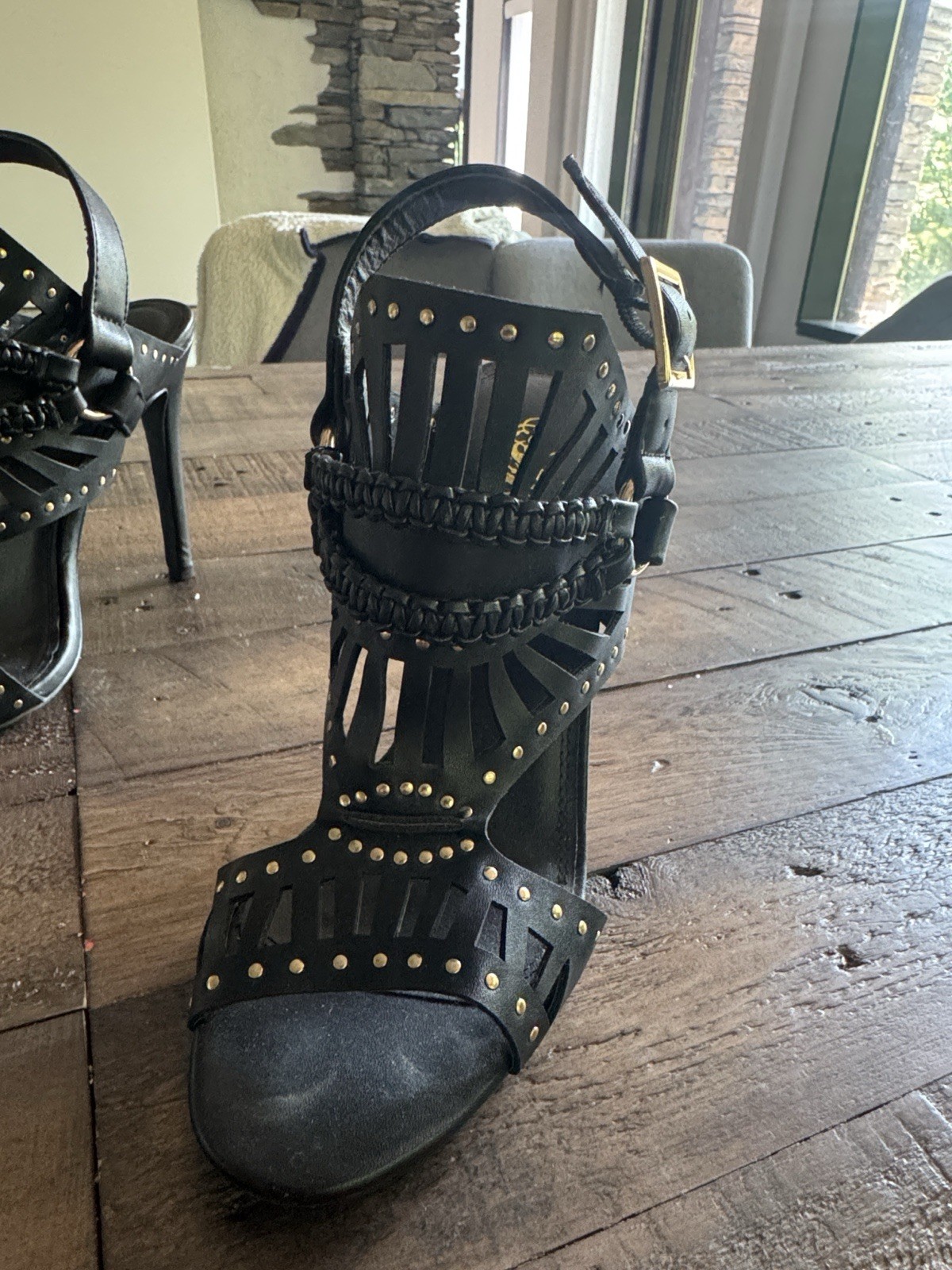 Liliana Women’s Black Faux Leather Studded Strappy Open Toe Heels 7.5