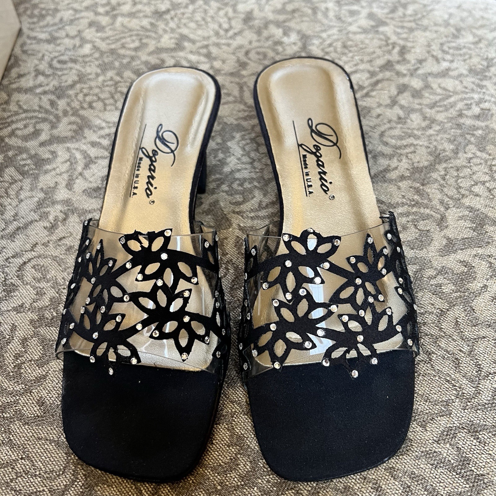 Dezario Kity Black Suede Flowers On Vinyl Slides Block Short Heel New Size 6