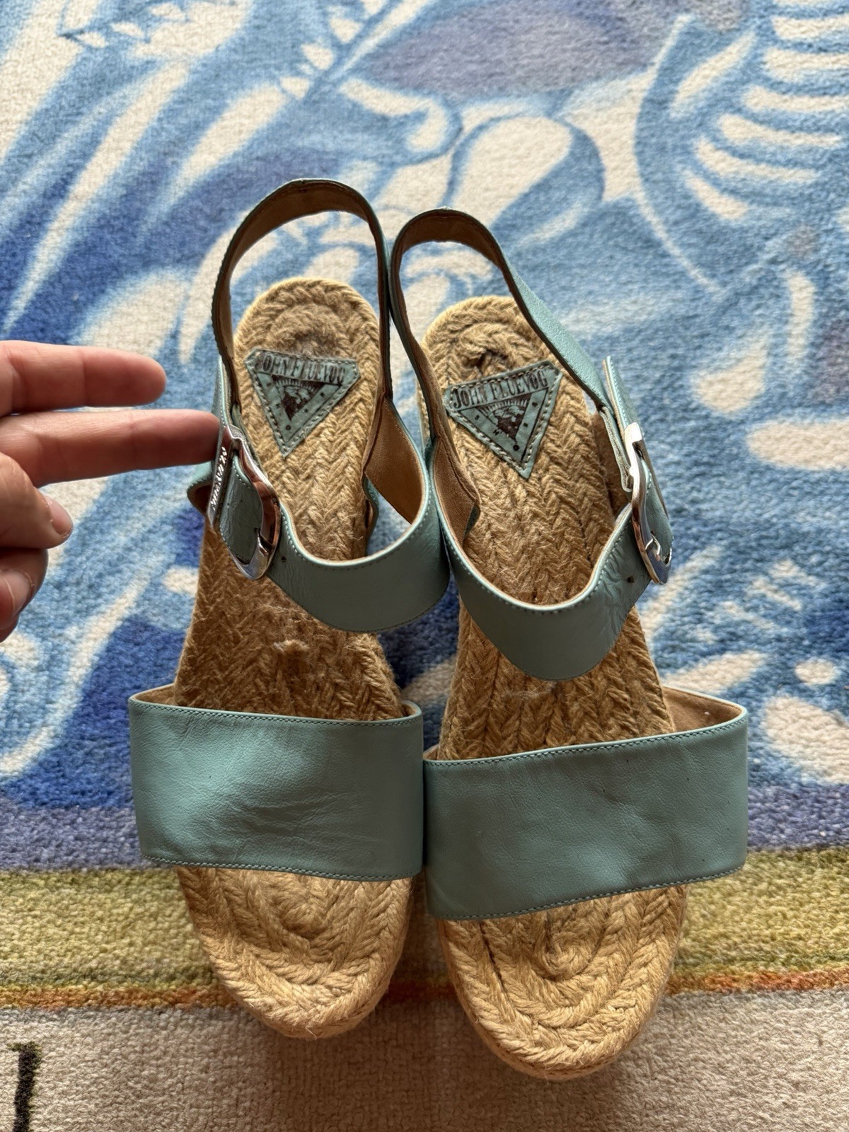 John Fluevog Rushmore Platform Mary Janes Clog Sandal Women’s 8 Blue Buckle Wood