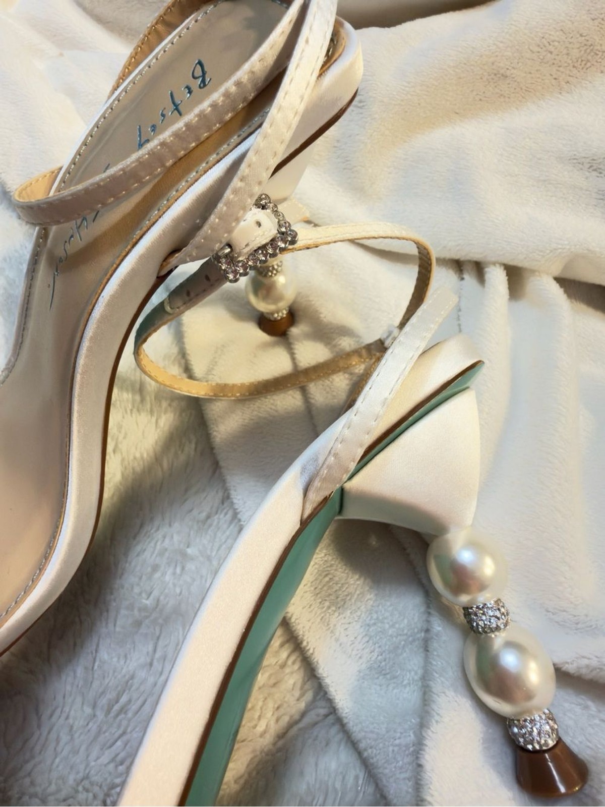 Betsey Johnson SB-Jacy Ivory Pearl-Embellished Ankle Strap Heels size 7.5