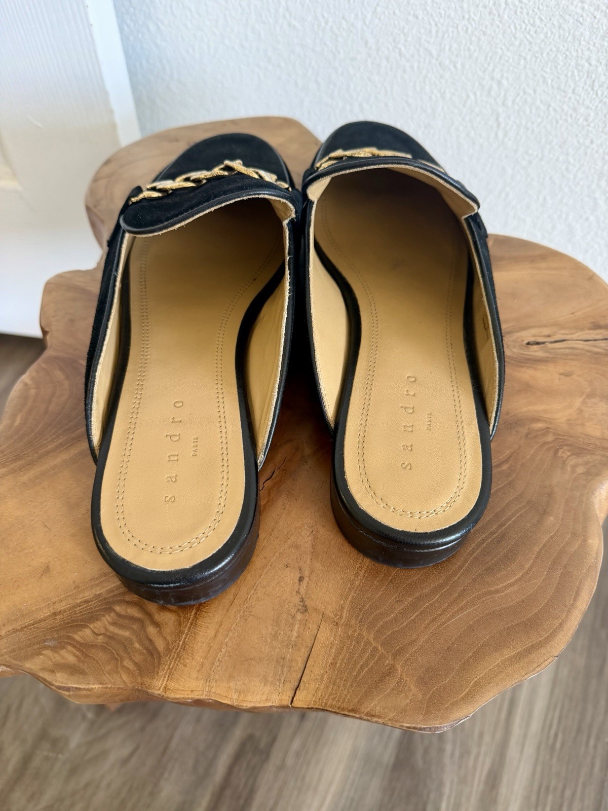 Sandro Black Suede Mules Womens 8 EU 38 Gold Chain Slip On Workwear Classic