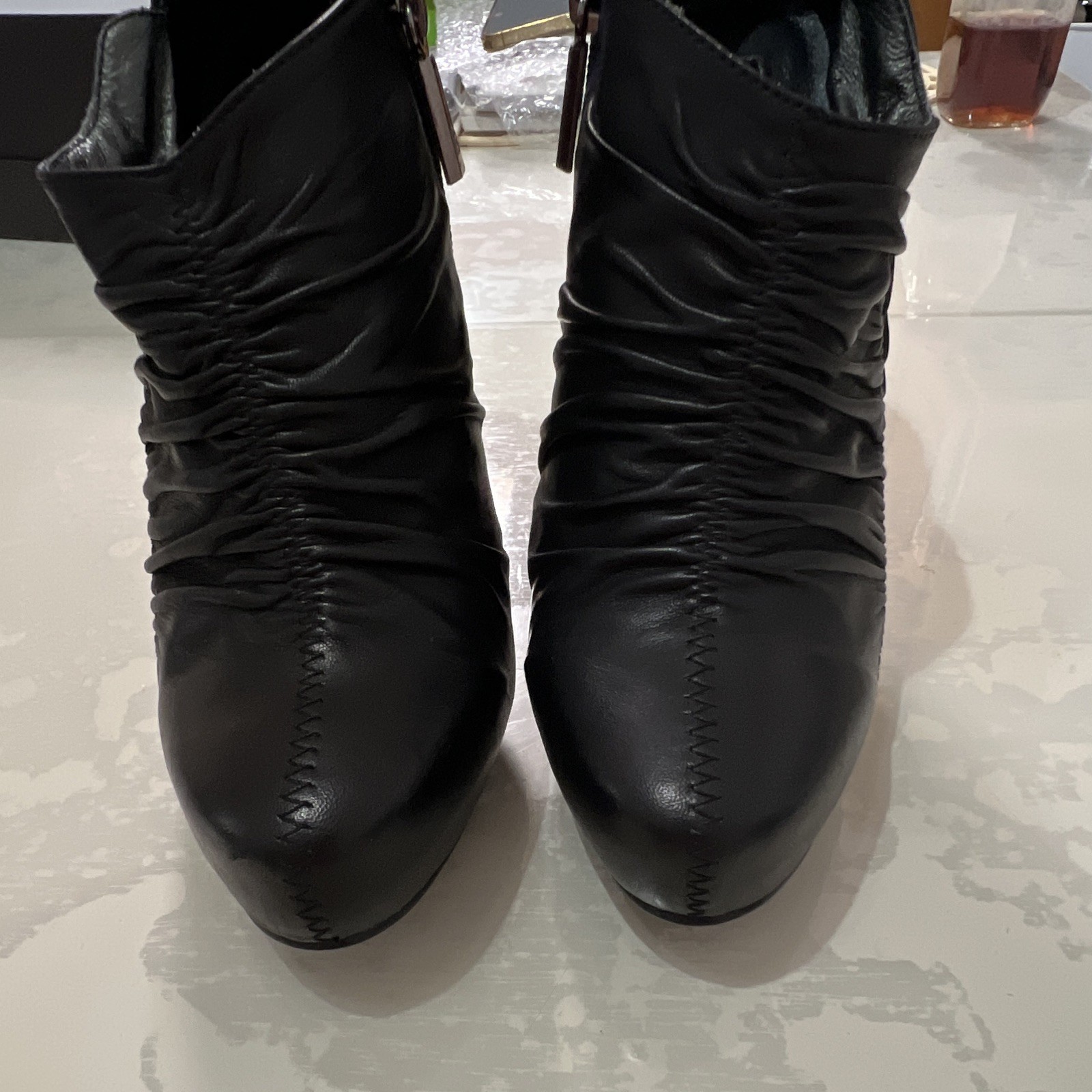 Basconi Women’s Black Leather Ankle Bootie Round Toe Zip, US 9 EU 40