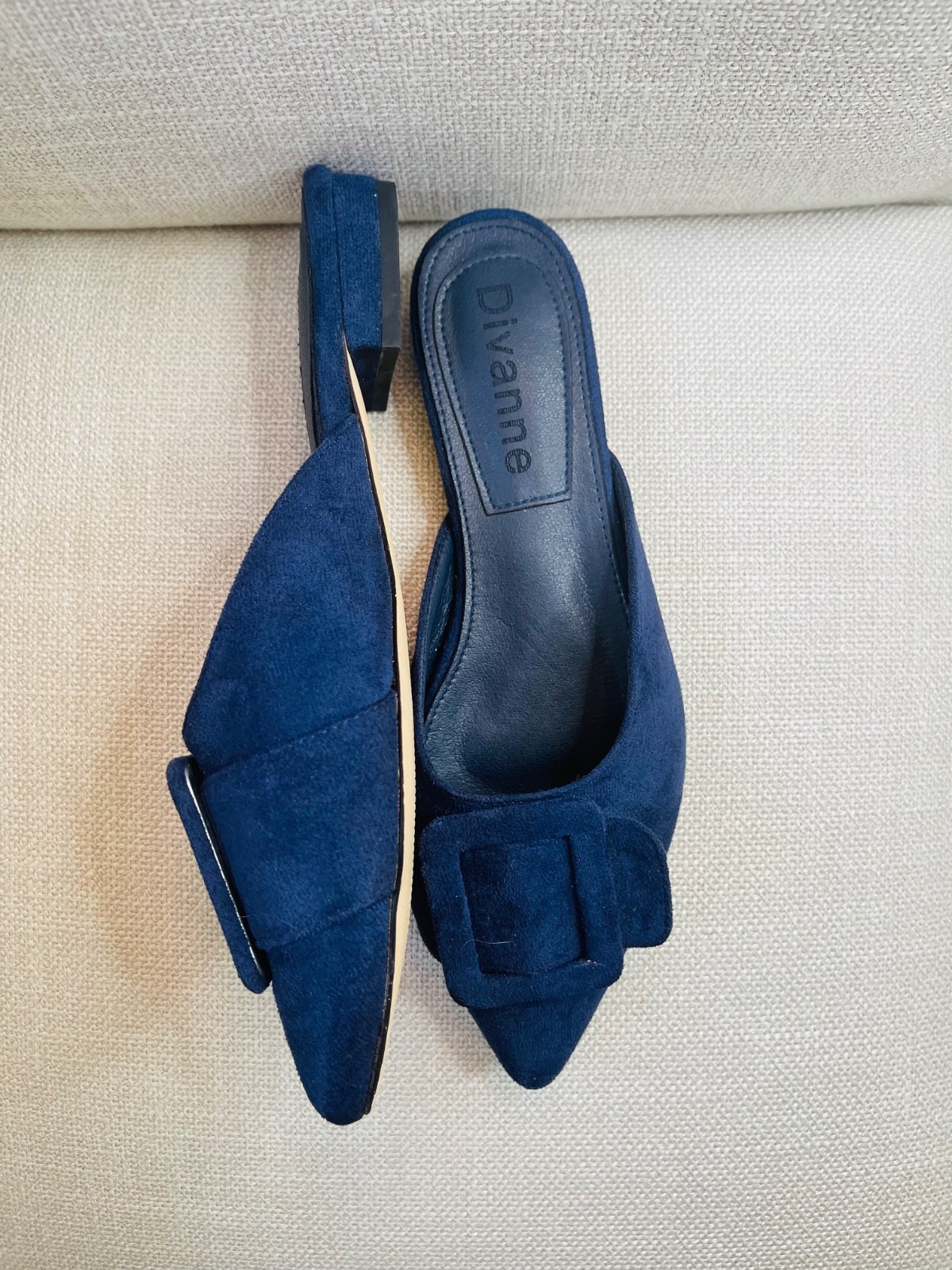 Divanne Navy Blue Suede Pointed Toe Flats Buckle Mule Shoes Women Size 8