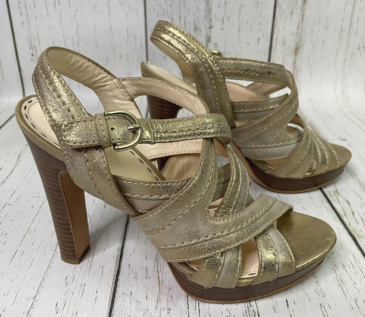 COACH Brynne Brushed Metallic Gold Leather Sz 9.5 Strappy Slingback Heel Sandals