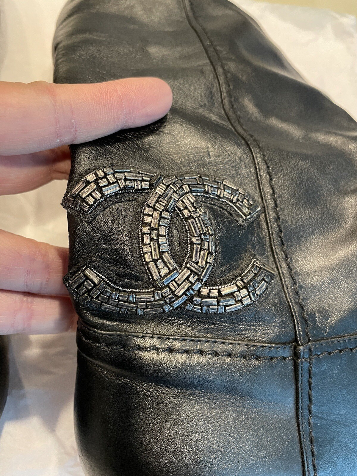 ❤️CHANEL Authentic Leather Boots 37 Beaded Crystal CC Logo Pull Up Booties Shoes