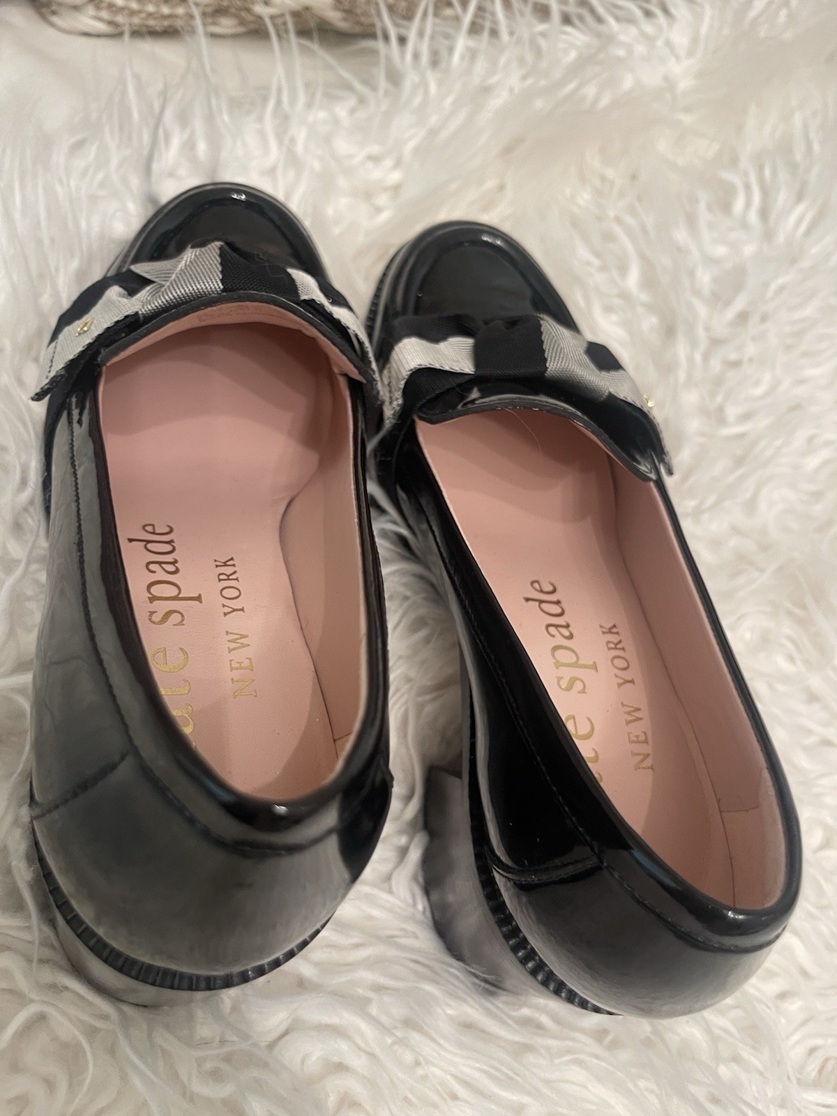 Kate Spade New York Black/Gray Patent Leather Plaid Bow Loafers Women’s 6.5 B