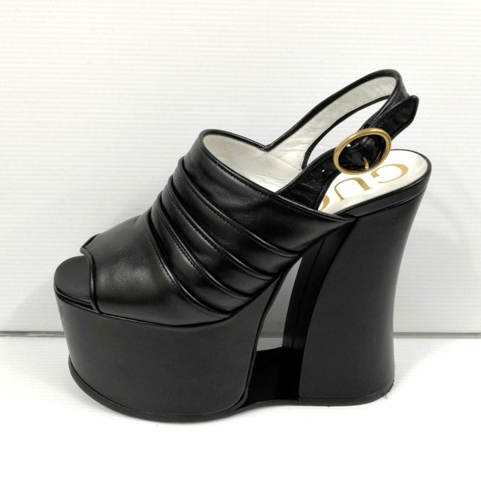 Gucci Black Anais Platform Sandals Leather 617626 Size 36.5 US 6.5 with Box