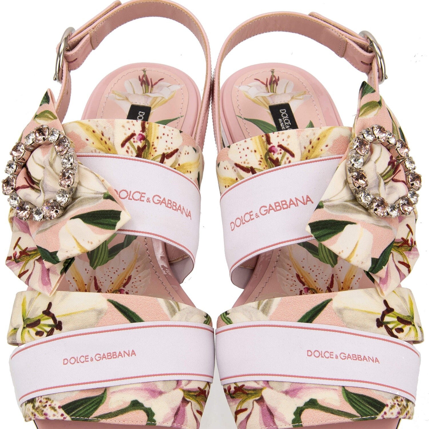DOLCE & GABBANA DG Logo Crystal Bow Brooch Lily Sandals Shoes BIANCA Pink 13392