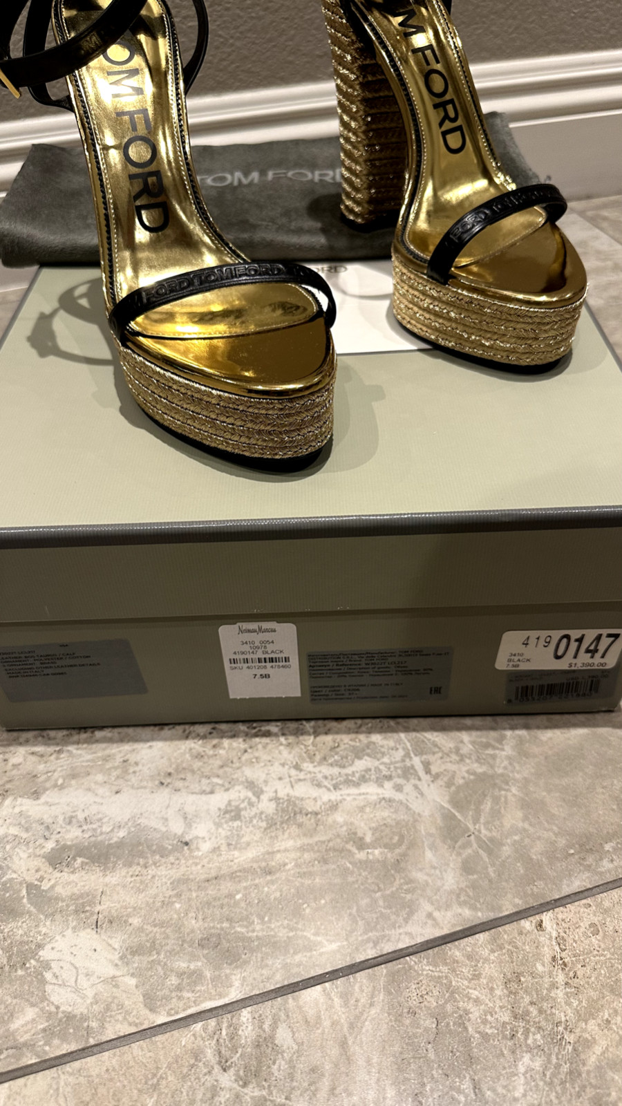 TOM FORD Black Leather & Gold Metallic Platform Sandals 37.5 – 7.5 US