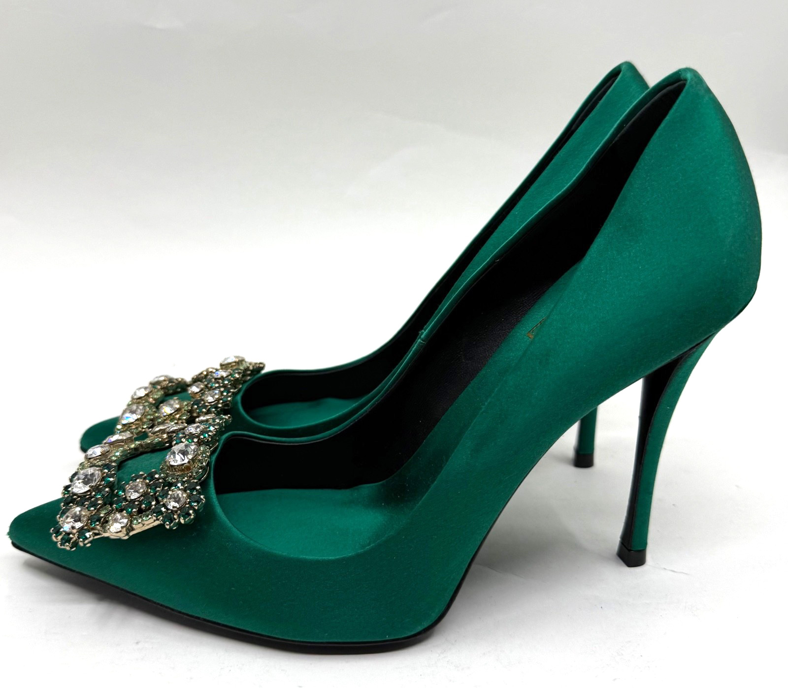 ROGER VIVIER Emerald Satin Flower Strass Decolleté Crystal Buckle Pump size 37.5