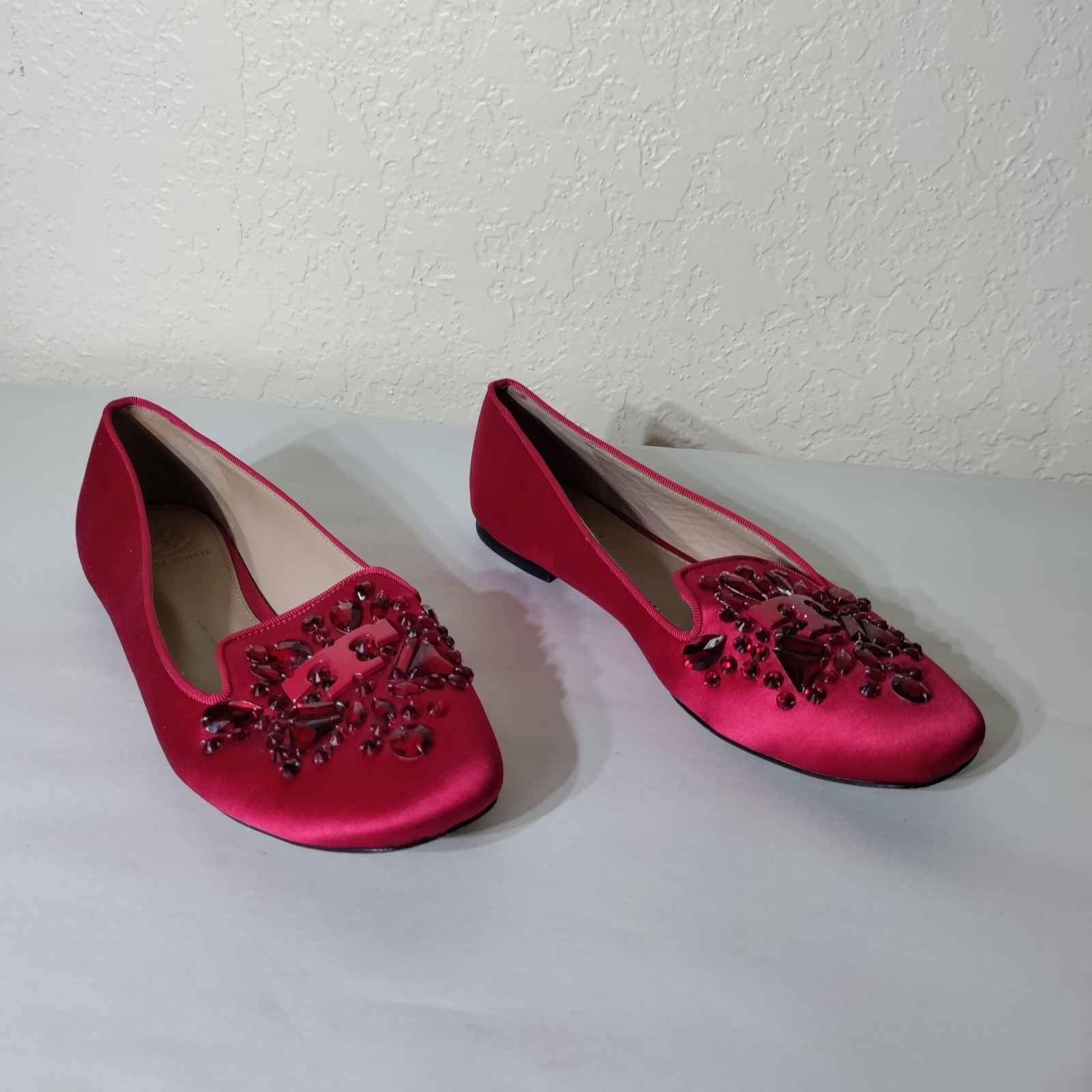 Tory Burch Red Satin Crystal Embellished Logo Loafers Smoking Flats