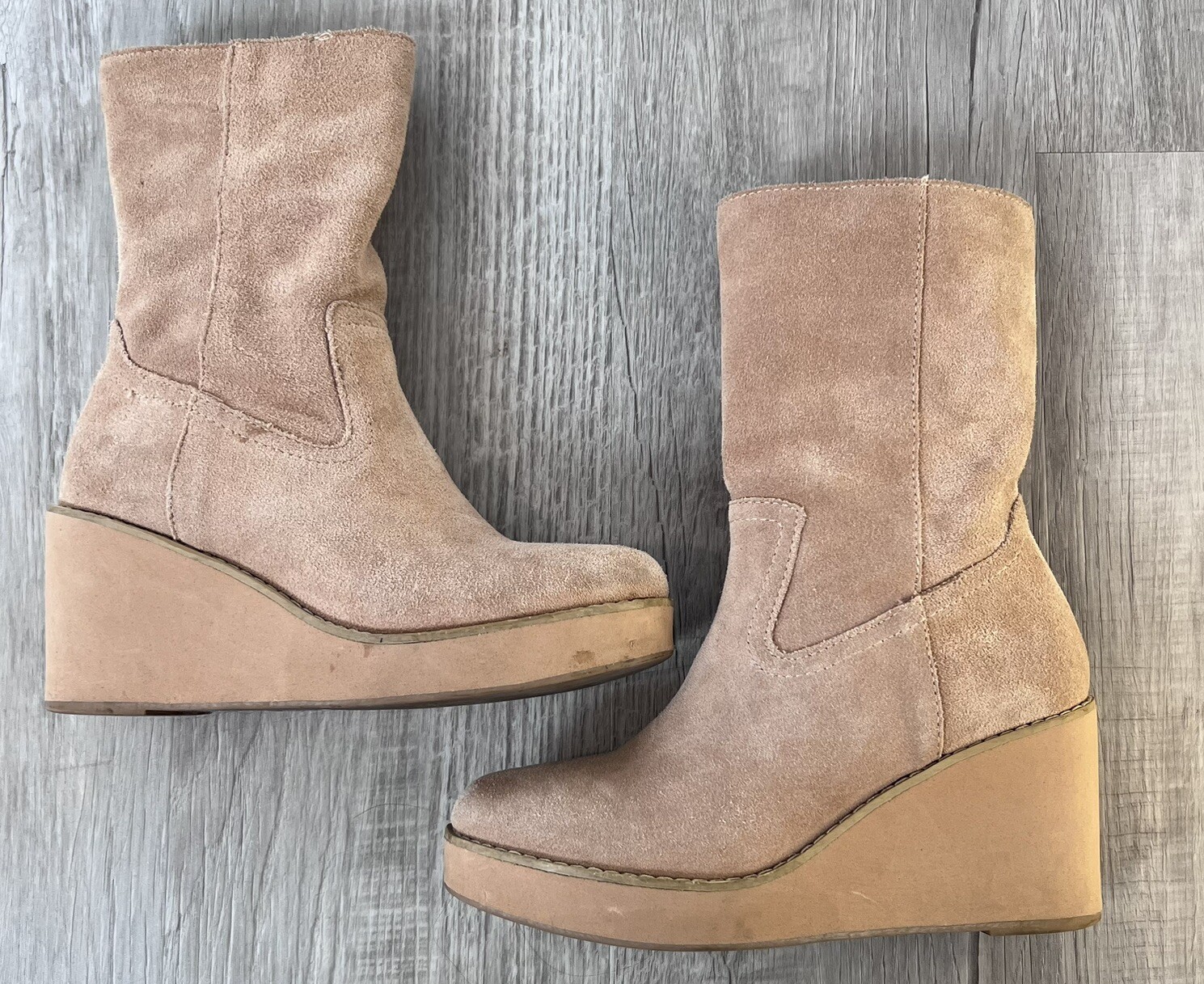 Coconuts Matisse Tan Suede Leather Comet Mid Calf Wedge Zipper Boots 6.5