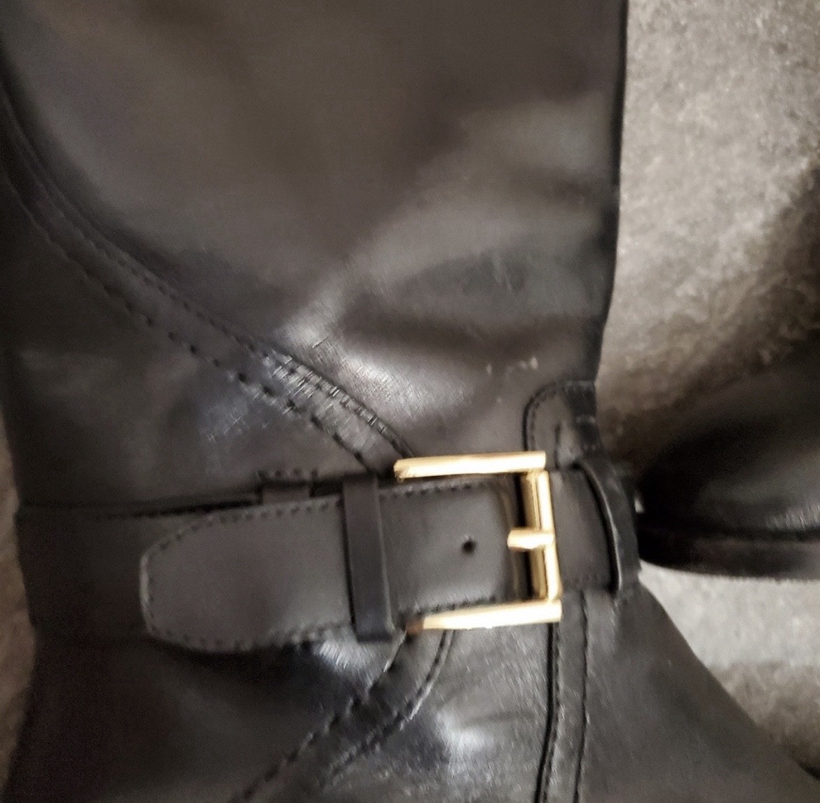 Tory Burch Black Leather Knee High Riding Boots Logo Buckle Zipper Side Zip