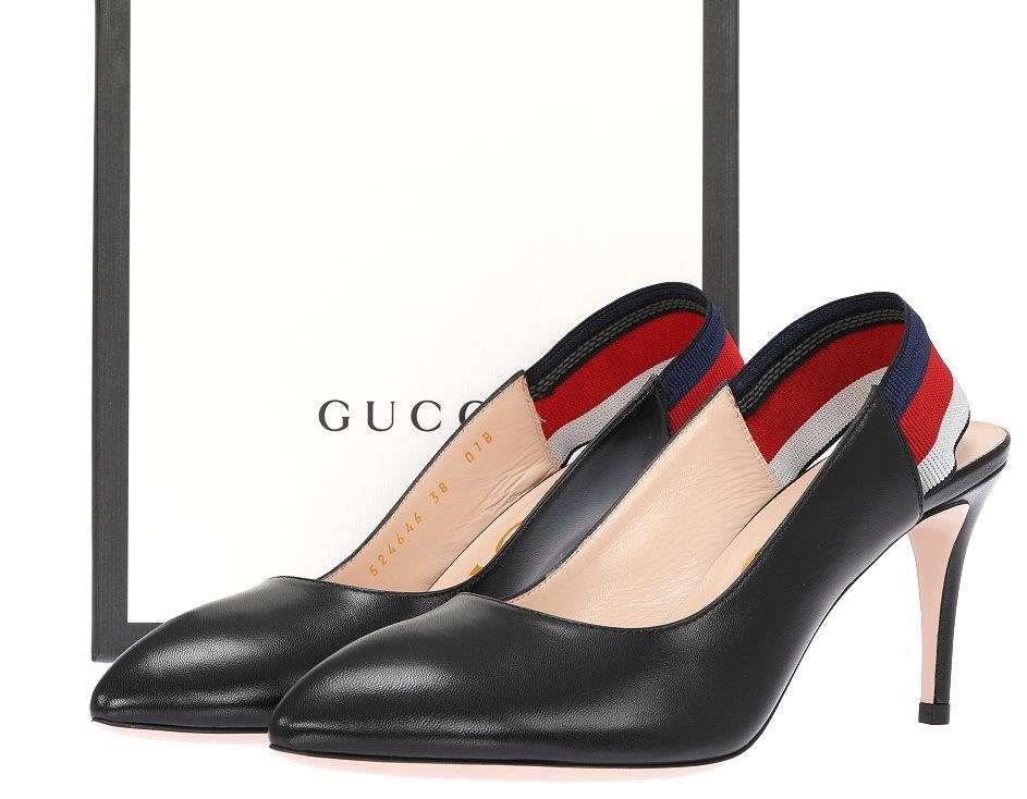 NEW GUCCI WEB SLINGBACK BLACK LEATHER 3.25″ HEELS PUMP SHOES 36/US 6
