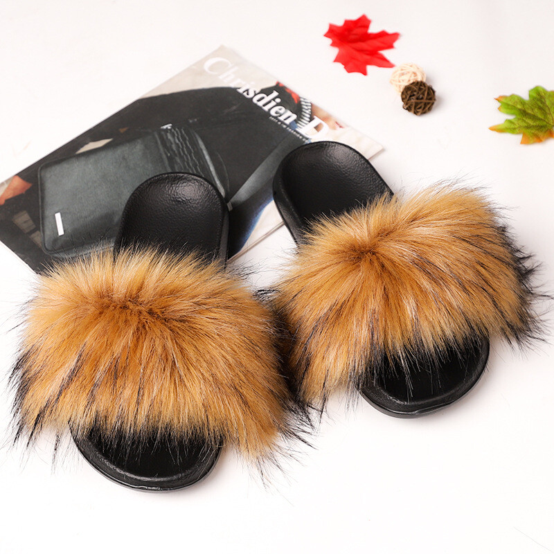 Fuzzy Fluffy Faux Fur Slides Slippers Flat Soft Sandals Open Toe Slip On Shoes