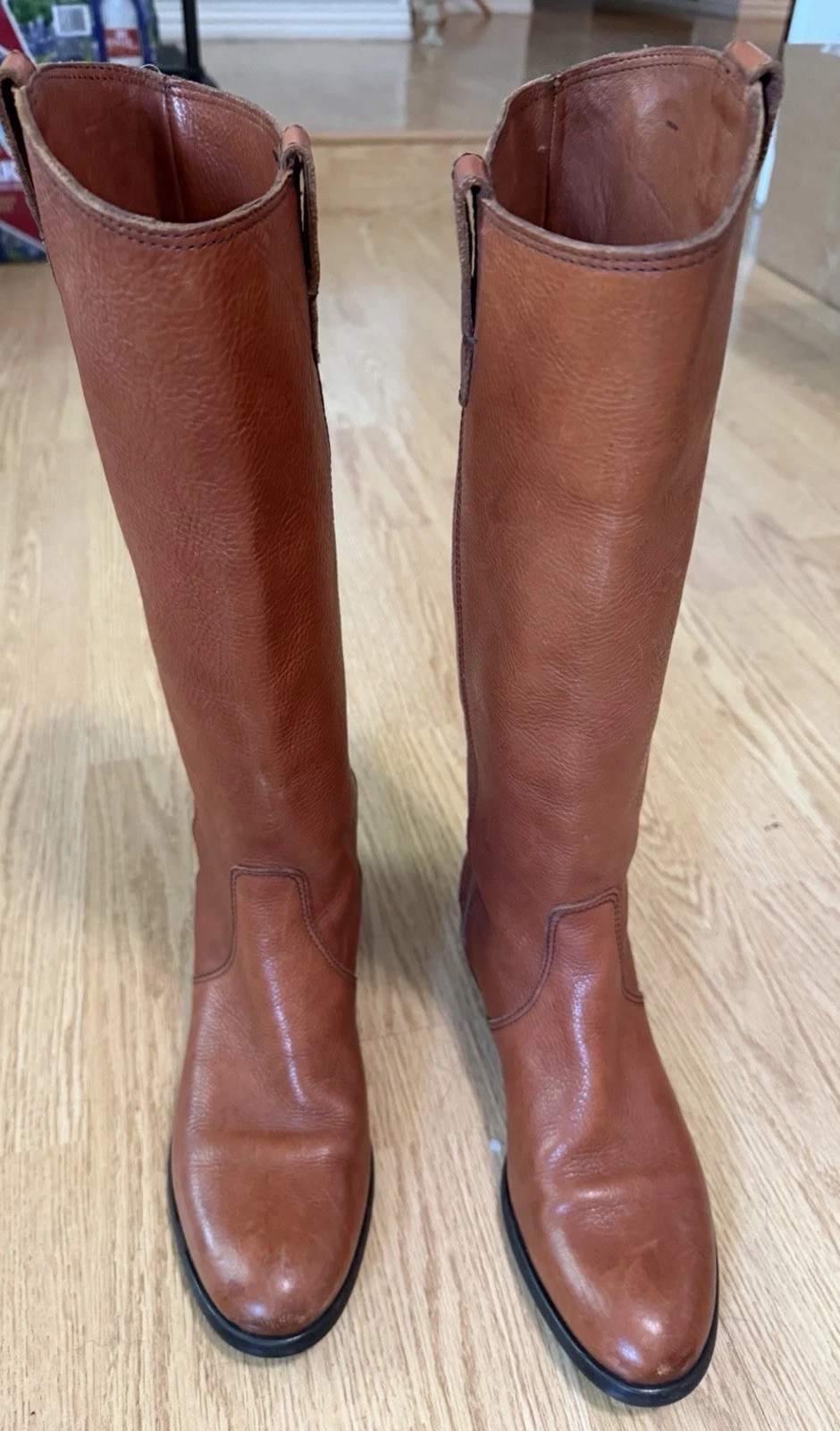 Brown Leather Knee High Riding Boot Pull-On Pull Tab Made in Italy 9.5