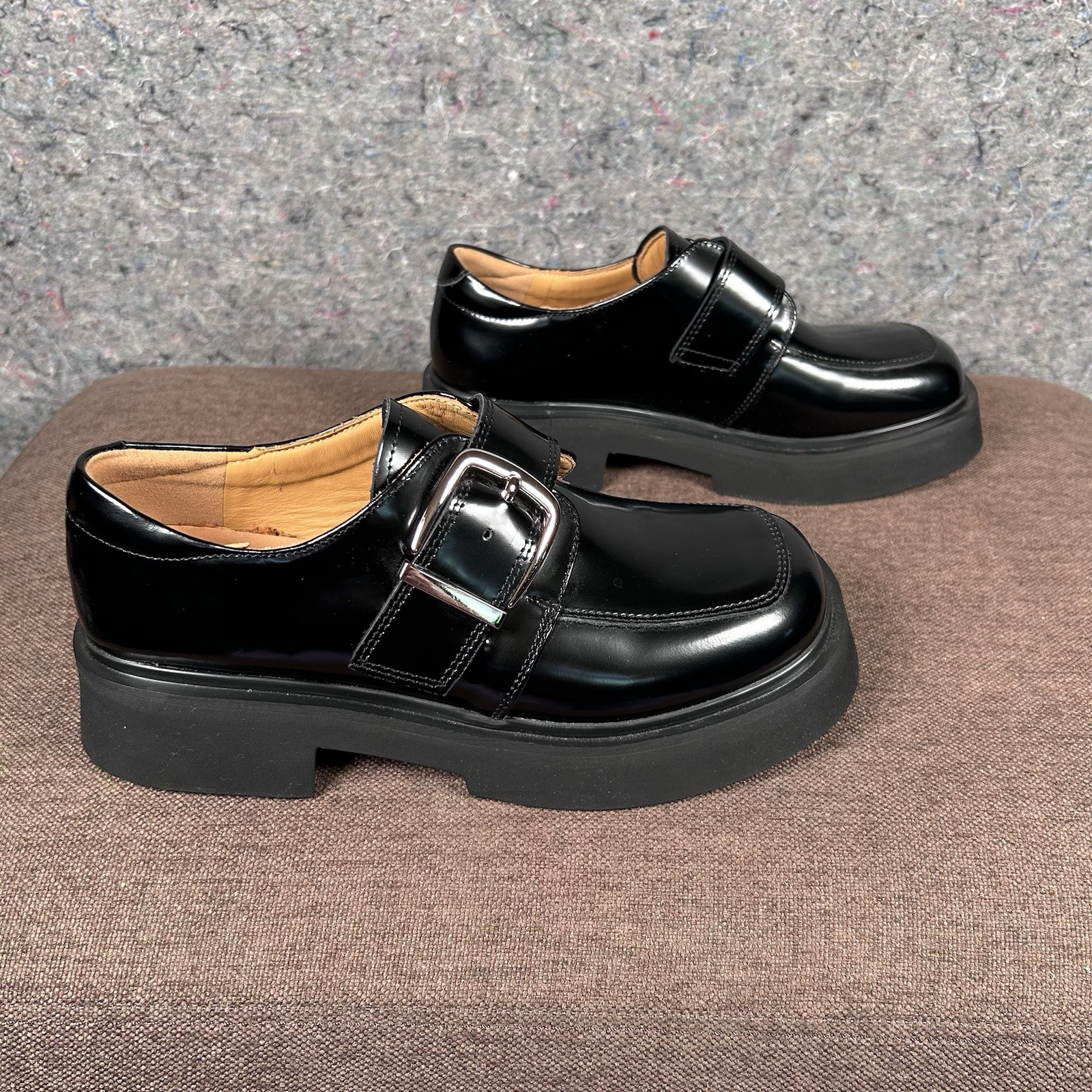 Beau Today Women’s Calfskin Business Casual Buckle Loafer Black Chunky 7-7.5