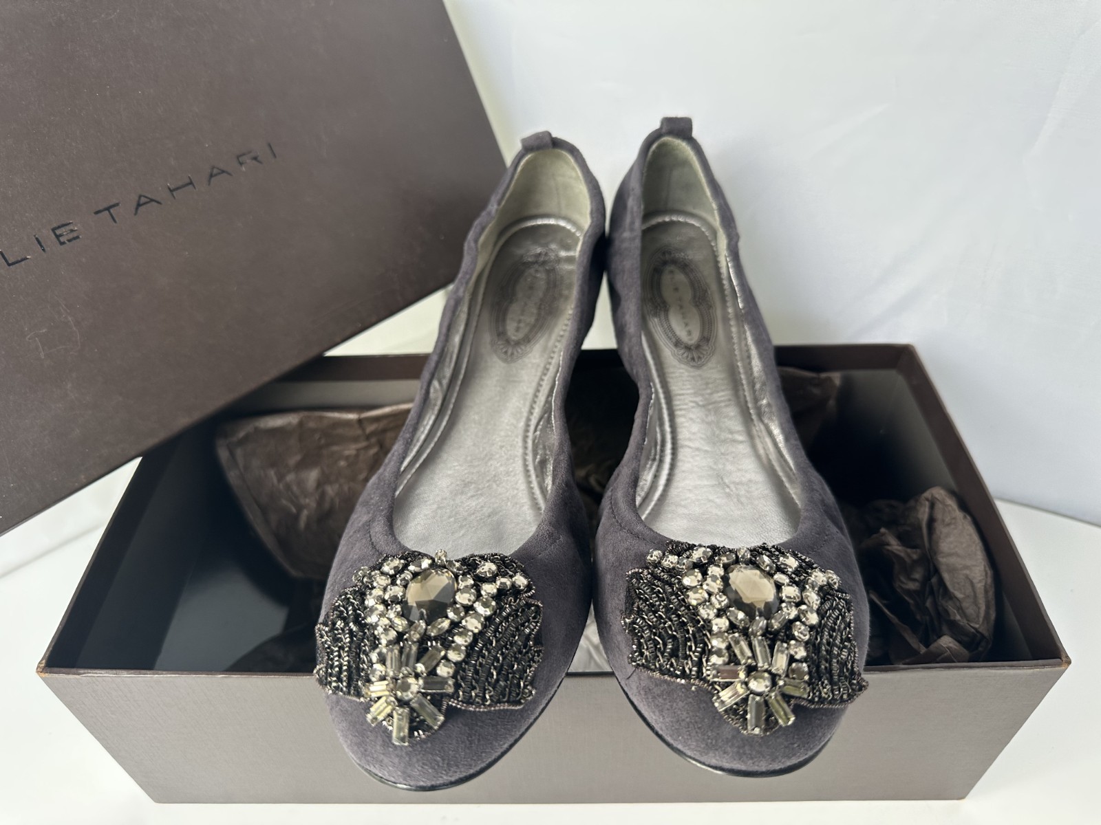 New Elie Tahari Women’s Shoes Size 37.5 Lucille Flat Jeweled Ballet Gray Suede
