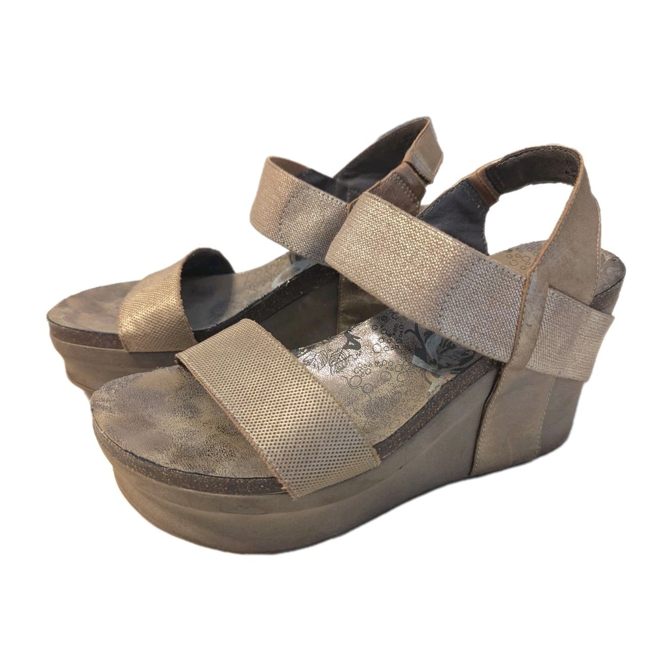 OTBT Women’s Bushnell Wedge Sandals Leather Platform Metallic Gold Beige Size 9M