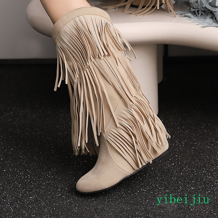 Women’s Mid Hidden Wedge Heels Knee High Boots Suede Tassel Shoes Bohemia Ethnic