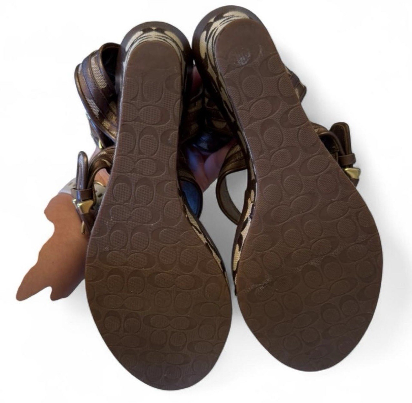 Coach Signature Brown Leather Wedge Strappy Ankle Strap Buckle Sandals 8.5