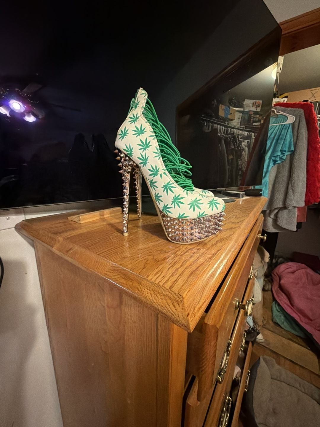 Kush Kouture Stiletto Platform Heels with Green Leaf Print and Spikes