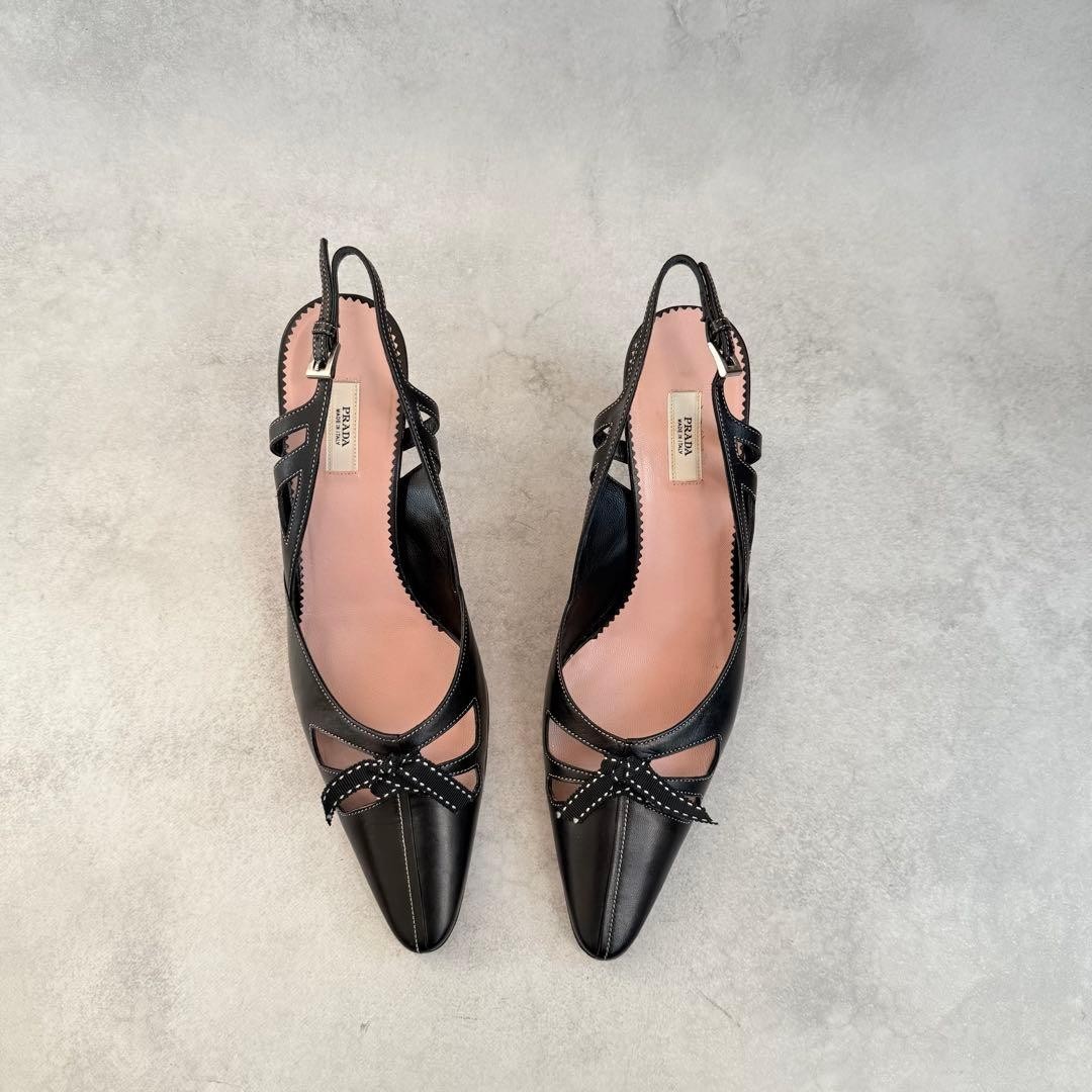 Prada Stitched Bow Slingback Heels Black Leather Women’s US 6 UK 3.5 EU 36 Pumps