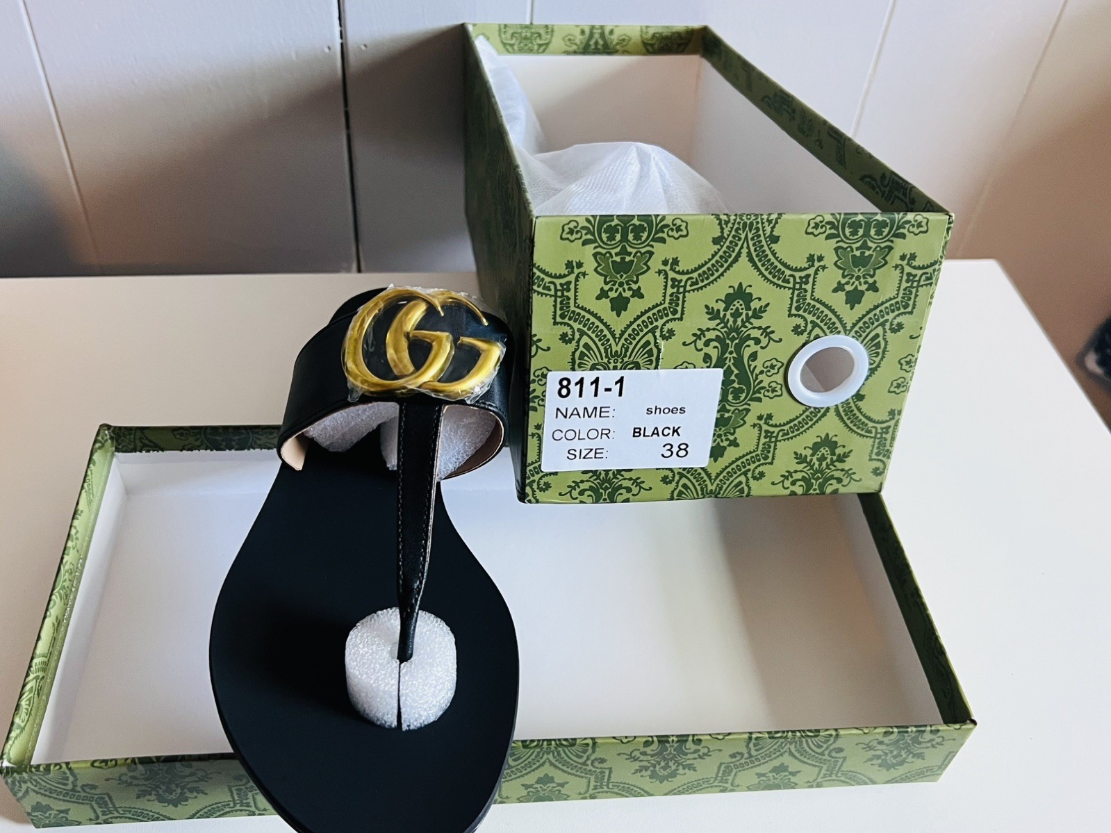 GUCCI Black Marmont Gold Bronze Metal GG Logo Sandals Flip Flops Size EU 38 US 8