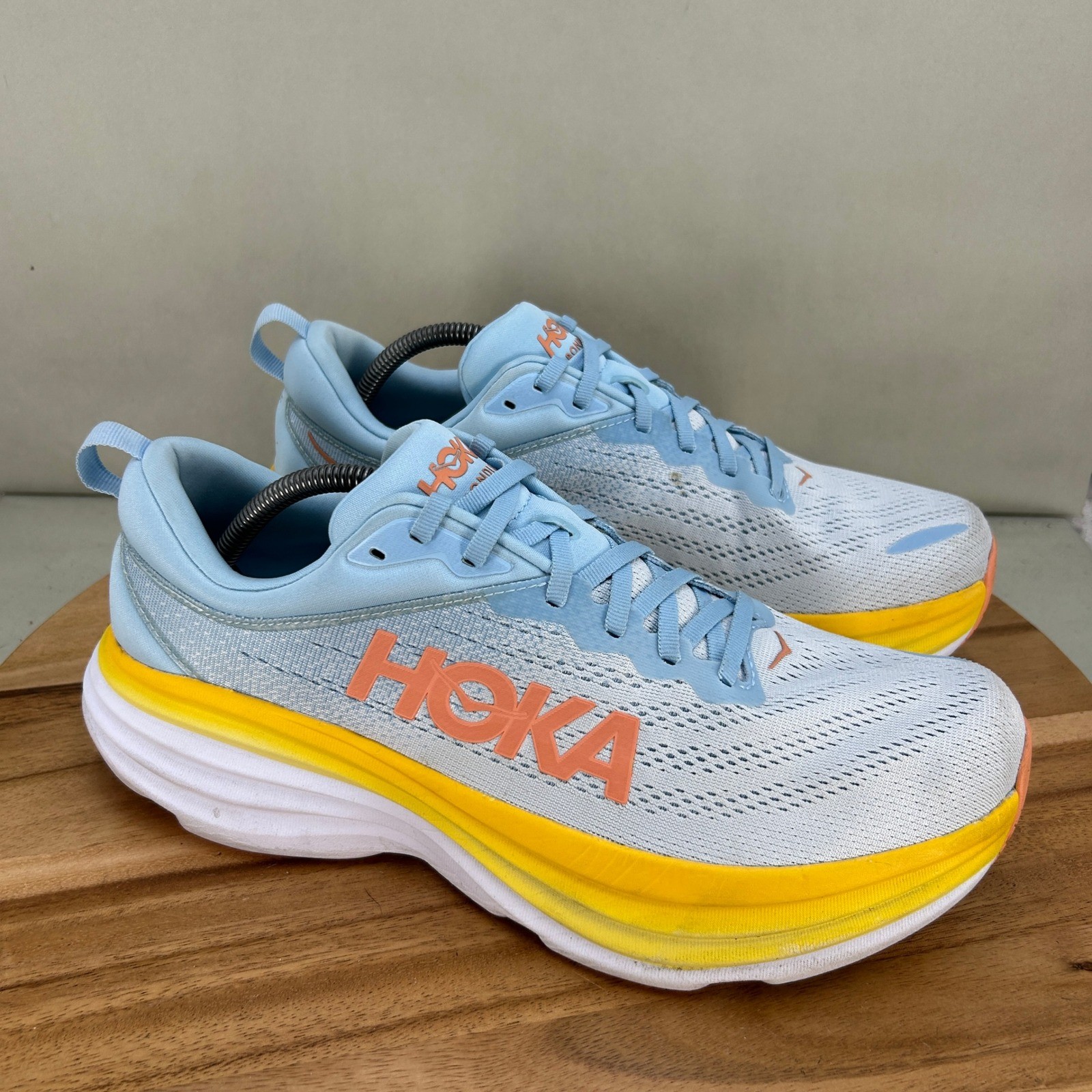 Hoka Bondi 8 Womens Running Shoes Sky Blue Yellow Cushioned Size 12 B Comfort