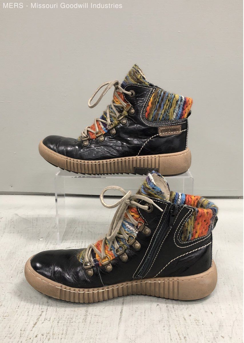 Josef Seibel Black Leather Knit Multi-Color High Top Women’s Boots EU 38 US 7.5