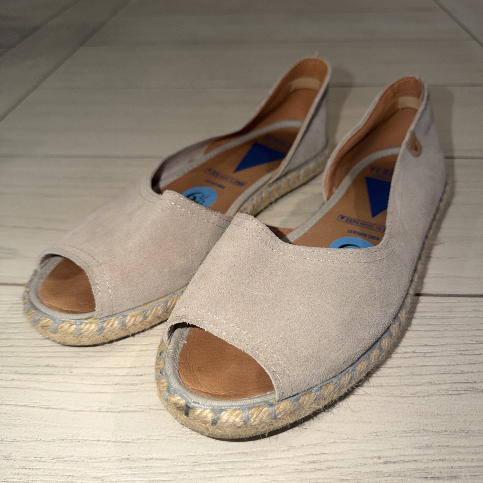 Verbenas Cruz Peep Toe Suede Leather Flats Taupe Espadrille Shoes EU 37 US 7 6.5